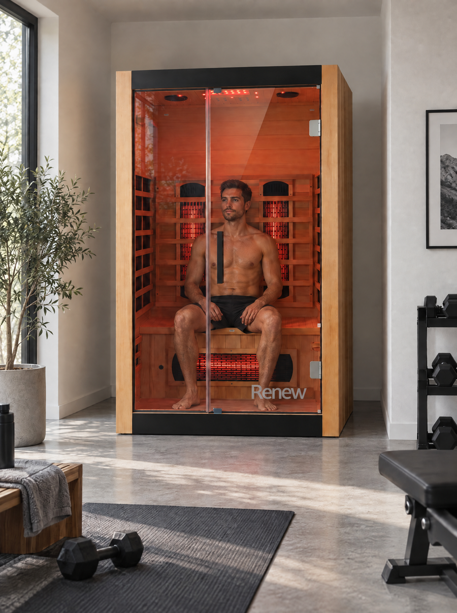Renew sauna with original glass branding in a home wellness room