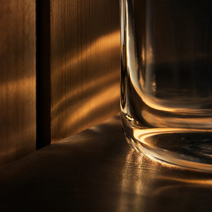 Warm light refracting through glass beside hemlock wood
